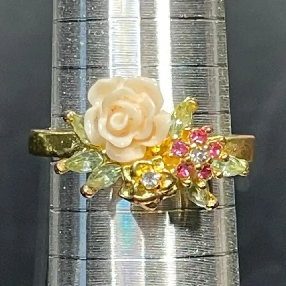 Lucite Carved Flower Colorful Rhinestones S925 Marked Vtg Sz 10.5 Inscription